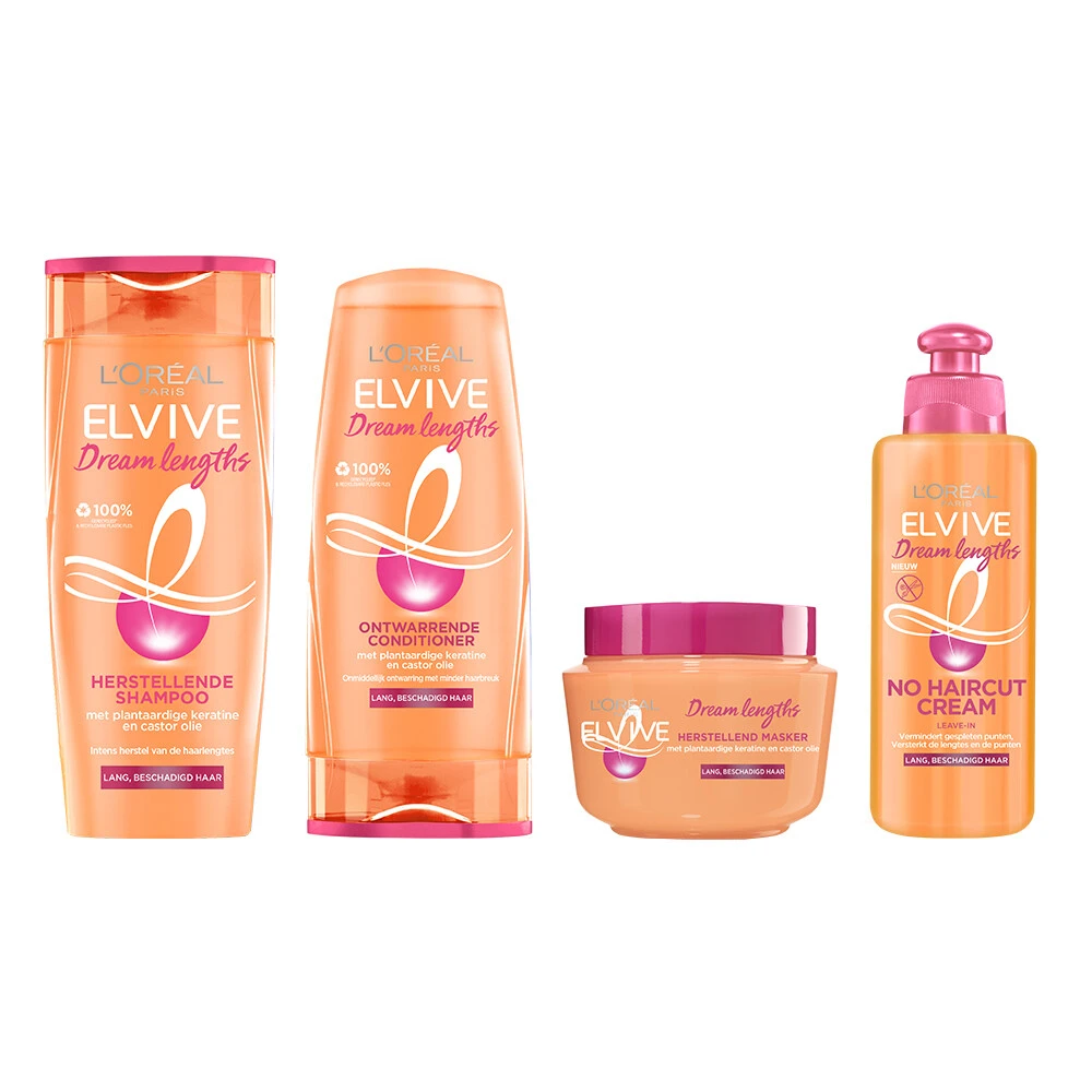 L'Oreal Lu0027Oréal Elvive Dream Lengths Shampoo, Conditioner, Haarmasker & No Haircut Cream Pakket 1 L'Oreal Lu0027Oréal Elvive Dream Lengths Shampoo, Conditioner, Haarmasker & No Haircut Cream Pakket