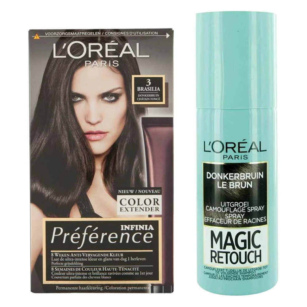 L'Oreal Lu0027Oréal Preference Haarkleuring 03 Brasilia - Donkerbruin + Magic Retouch Uitgroeispray Bruin 75 M Pakket 1 L'Oreal Lu0027Oréal Preference Haarkleuring 03 Brasilia - Donkerbruin + Magic Retouch Uitgroeispray Bruin 75 M Pakket