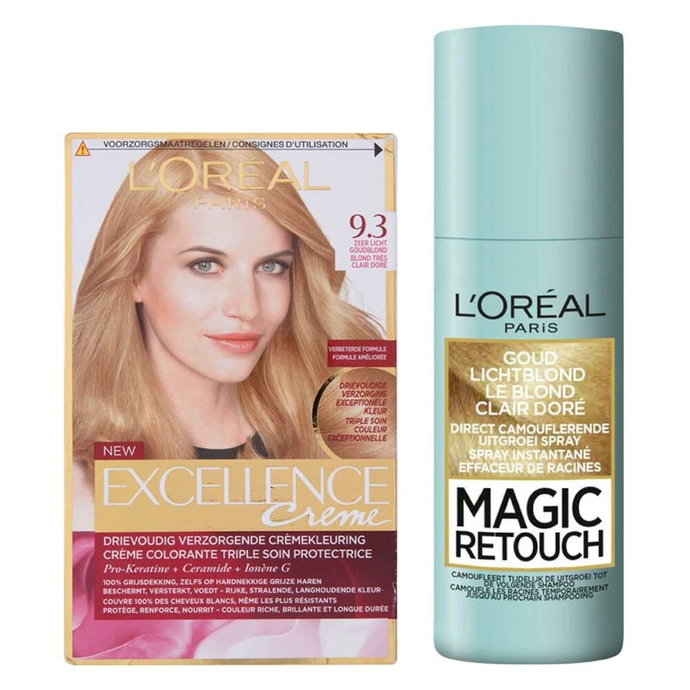 L'Oreal Lu0027Oréal Excellence Creme 9.3 Zeer Licht Goudblond + Magic Retouch Uitgroeispray Blond 75 Ml Pakket 1 L'Oreal Lu0027Oréal Excellence Creme 9.3 Zeer Licht Goudblond + Magic Retouch Uitgroeispray Blond 75 Ml Pakket