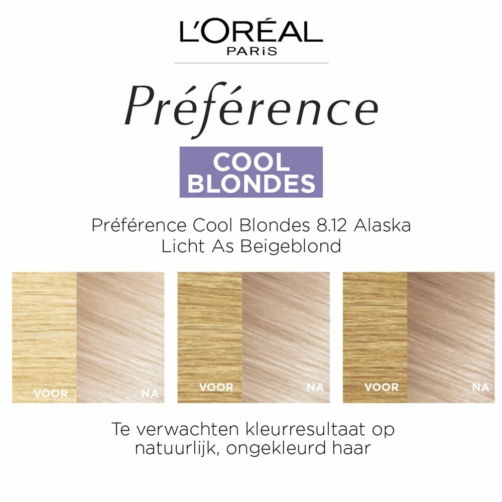 L'Oreal Lu0027Oréal Preference Haarkleuring 8.12 Alaska Licht As Beigeblond - Cool Blondes 3 L'Oreal Lu0027Oréal Preference Haarkleuring 8.12 Alaska Licht As Beigeblond - Cool Blondes - Afbeelding 3